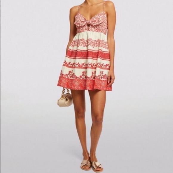 Alice + Olivia Linen Melvina Mini Dress Tie Front Block Print Red Antique White - Picture 2 of 16